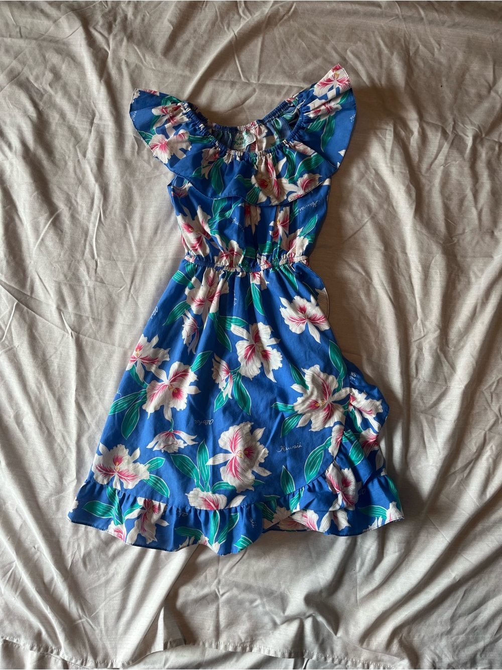 Vintage Blue Hawaiian Floral Ruffle Summer Dress